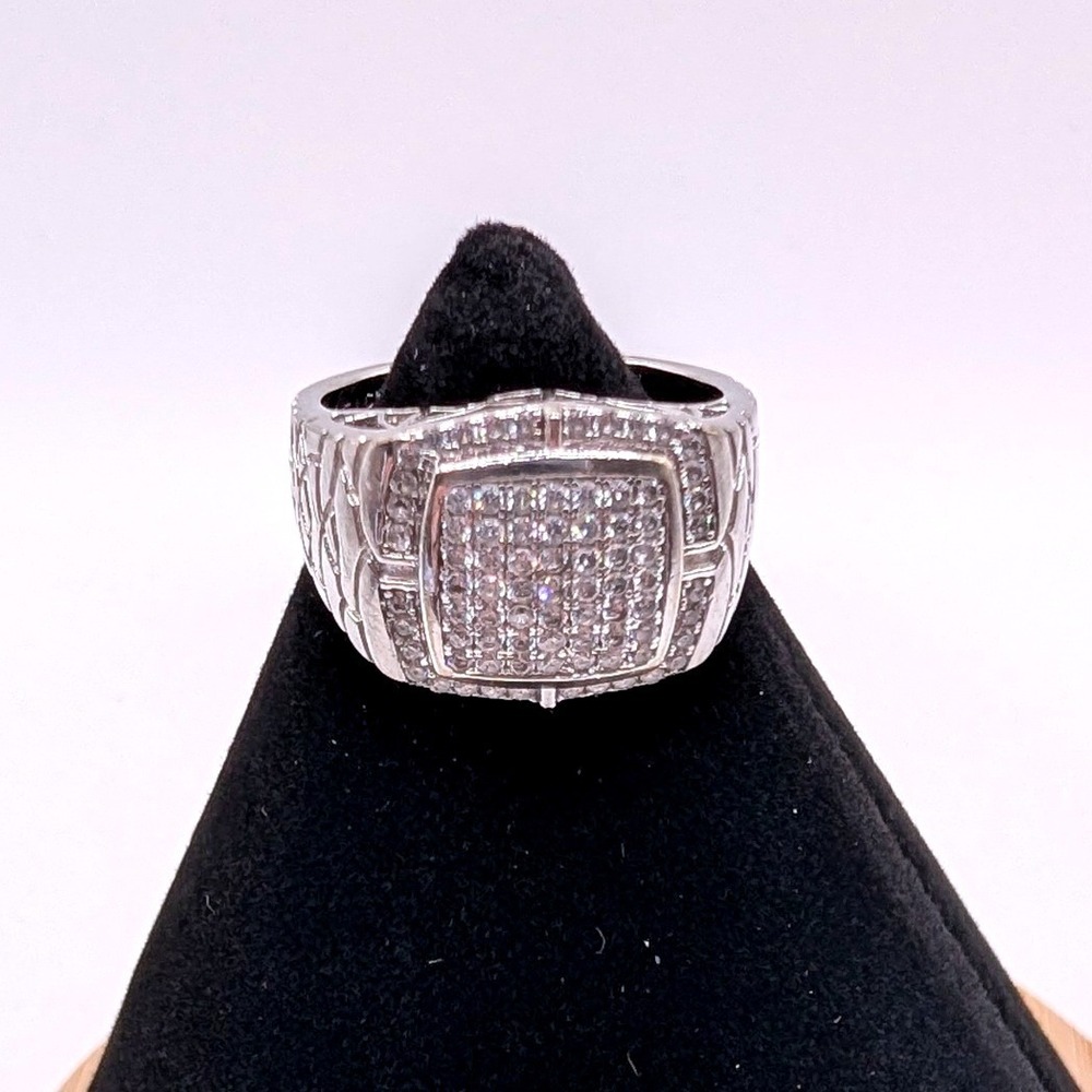 EJ CN 925 Sterling‎ Silver Square Pave Statement Ring Filigree Band Size 7.5